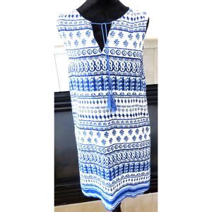 Beach Lunch Lounge Women's Kayla Shift Dress  Antibes pattern Blue White  M EUC